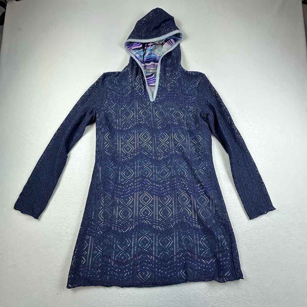 Title Nine Hooded Mesh Pullover Tunic Womens Small Blue Multicolor Long Sleeve
